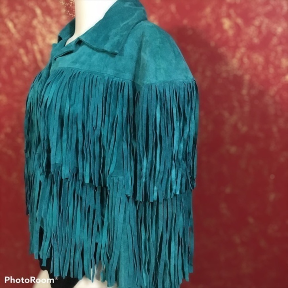 Karen Okada For David Howard Vintage Turquoise teal  Leather Fringes Jacket 12 - Picture 3 of 11